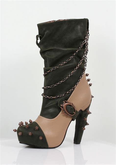 Steampunk Spiked Mid Calf Platform Boots With Chains 5 Inch Heels