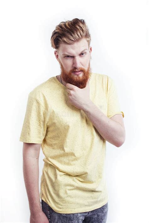 Young Handsome Hipster Ginger Bearded Guy Looking Brutal Isolated On