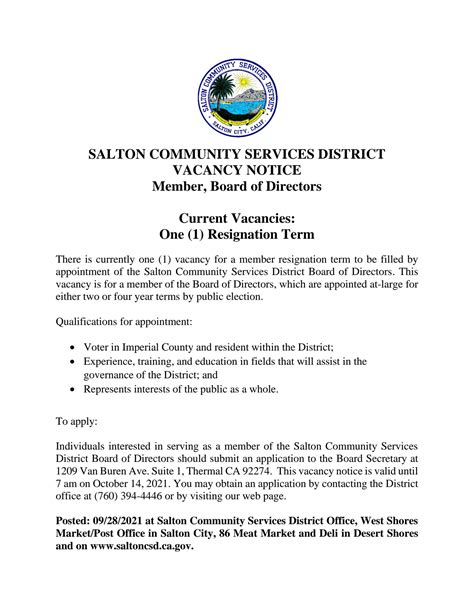 Notice Of Vacancy Board Of Director Salton Community Services District