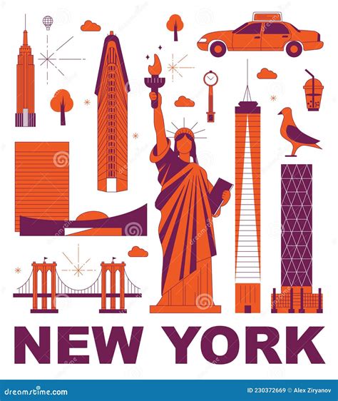 New York Culture Travel Set Vector Illustration Editorial Stock Image