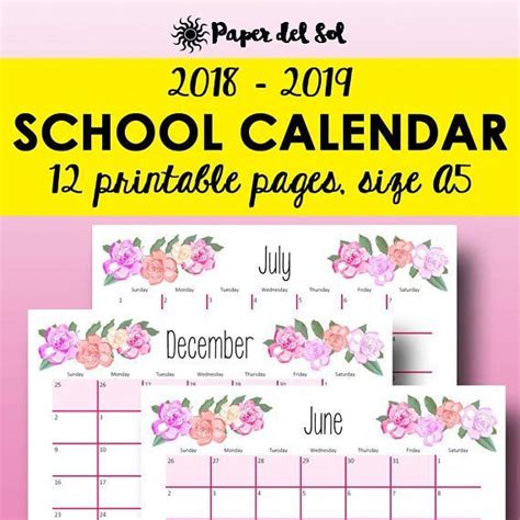 2018 2019 School Calendar 12 Printable Pages A5 Size Instant