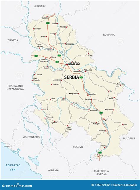 Detailed Serbia Road Vector Map With Labeling Stock Vector