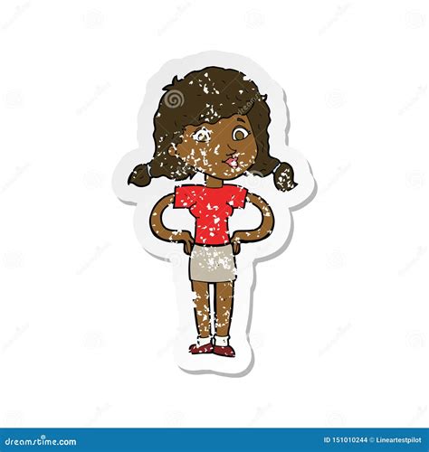 A Creative Retro Distressed Sticker Of A Cartoon Pretty Girl With Hands On Hips Stock Vector
