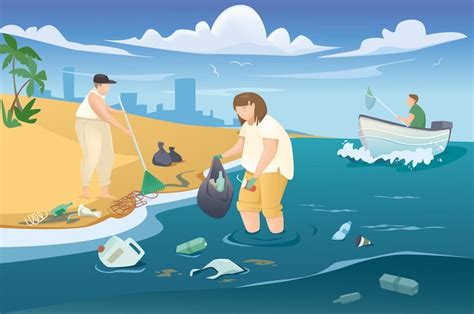 Premium Vector People Collecting Garbage On Beach Concept In Flat