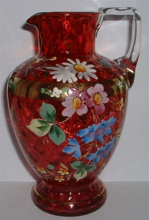 Victorian Gilded And Hand Painted Cranberry Glass Pitcher Jug Cranberry Glass Fenton Glassware