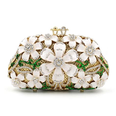 Dazzling White Floral Crystal Clutch Evening Bag For Women