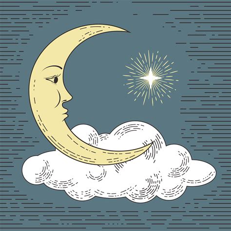 Colored Hand Drawn Moon With Cloud And Star Stylized As Engraving