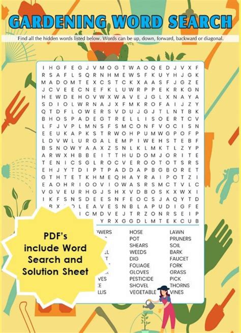 Gardening Word Search Printable Pdf Large Word Search Puzzle Etsy