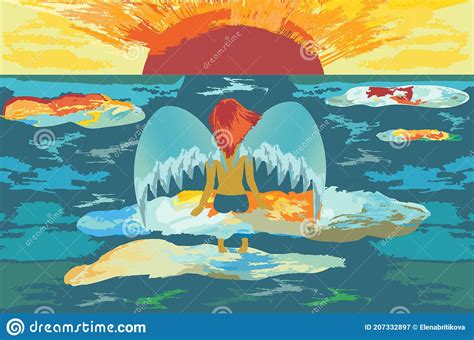 Girl Sitting On The Clouds Above The Waves At Sunset Stock Vector