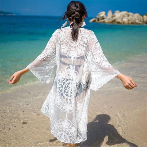 Summer Beach Long Cover Up Women Swimming Wear Lace Cover Ups See Through Mesh Beach Wear Dress