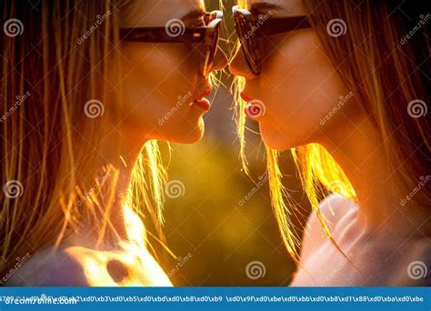 Lesbian Couple Kissing On Sunset Time Lesbian Couple Lgbt People Lifestyle Concept Stock Image