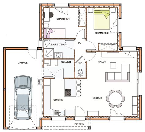 Plan de maison plain pied chambres avec garage Idées de travaux