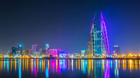 Colorful Lightning Buildings Reflection On River Dubai United Arab