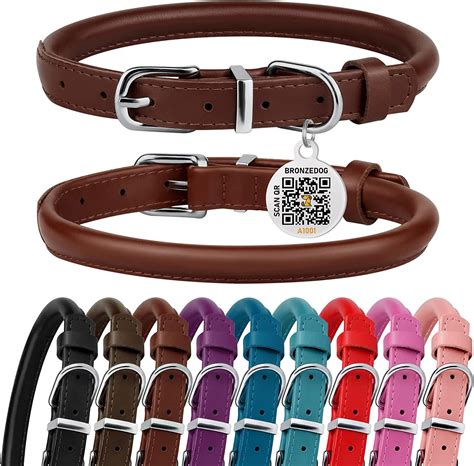 Bronzedog Rolled Leather Dog Collar With Qr Id Dog Tag Round