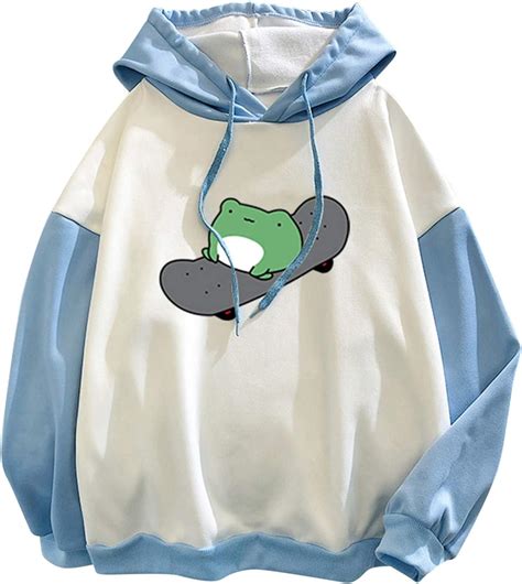 Womens Cute Hooded Sweatshirts Cartoon Frog Print Long Sleeve Hoodie