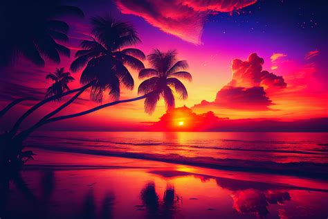 Beautiful Colorful Sunset Background Tropical Ocean Beach Illustration