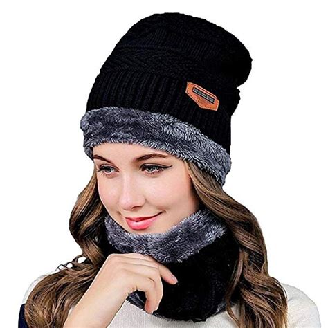 Warm Knitted Beanie Hat And Circle Scarf Setfleece Lined Skull Cap