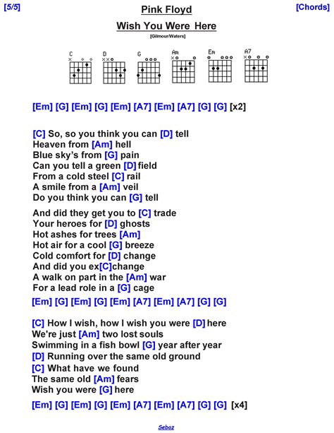 Wish You Were Here Sheet Music Pink Floyd Guitar Chordslyrics