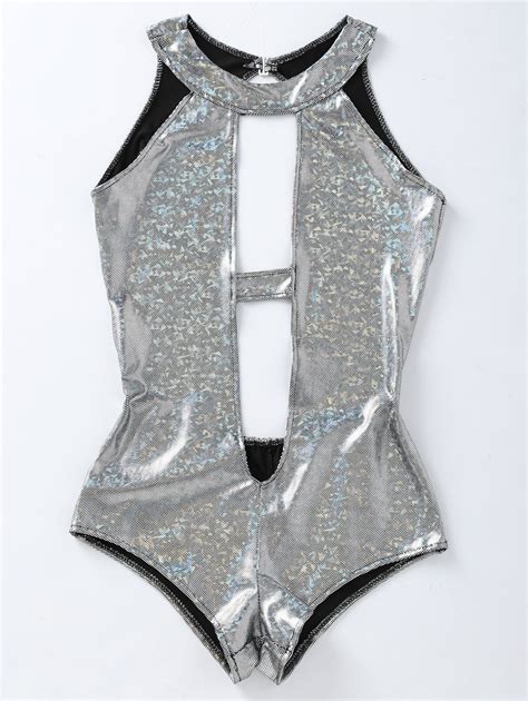 17 Off 2021 One Piece Plunging Backless Holographic Fabric Swimsuit