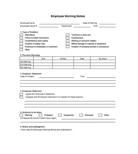employee warning notice business form letter template