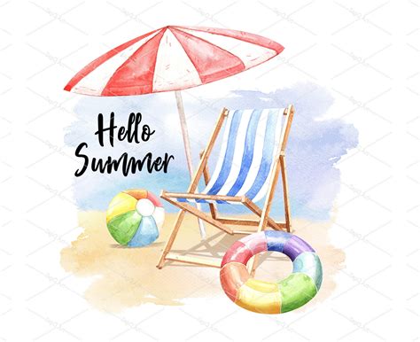 Watercolor Beach Chair Sky Beach Umbrella Ball Summer Etsy