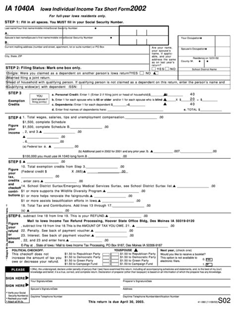 Form Ia 1040a Iowa Individual Income Tax Short Form 2002