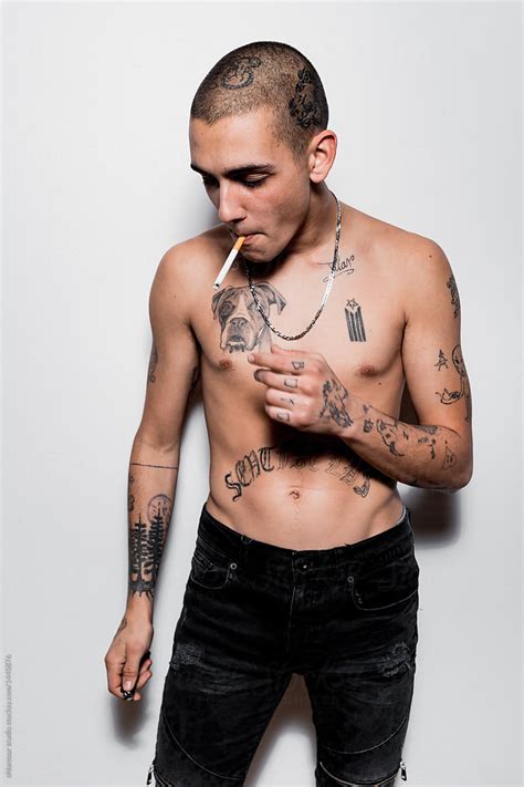 Tattooed Shirtless Young Man Portrait Isolated Over White Wall Del