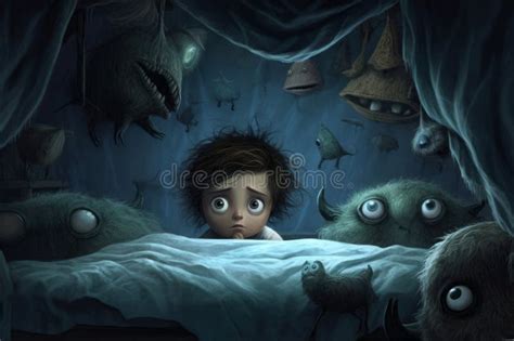 Sad Little Boy Fearing Monsters Under His Bed Terrified Child Having A
