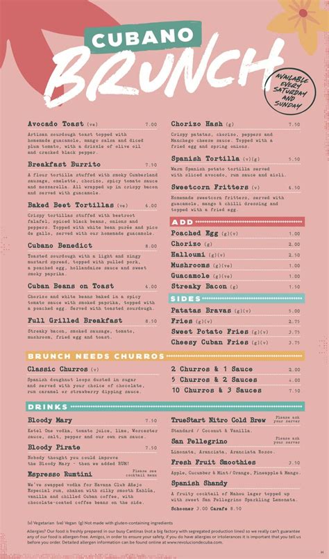 The Menu For Cuban Brunch Is Shown In Pink And Green With Flowers On It