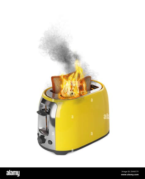 Toaster Flaming Up While Cooking Slices Of Bread On White Background Unsafe Appliance Stock