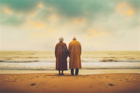 Elderly Couple Watching The Ocean On Beach Sand Generative Ai Stock Illustration Illustration