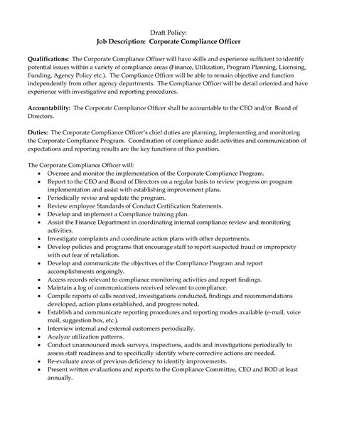 Corporate Compliance Officer Job Description