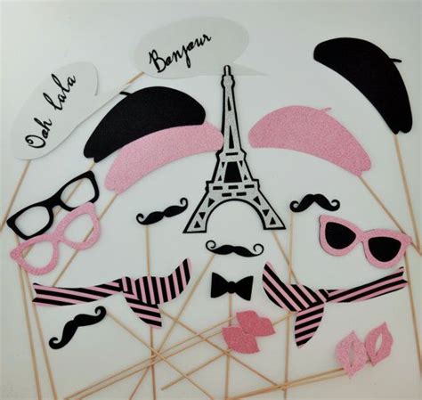 Parisian Inspired Wedding Photo Booth Props Berets Glasses Eiffel Tower