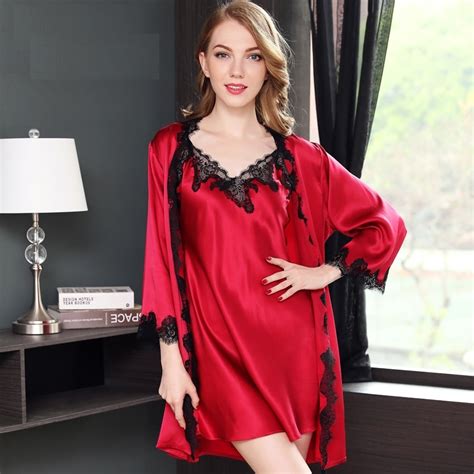 100 Silk Stain Sleepwear Red Two Piece Robe Set Sexy Ladies Silk