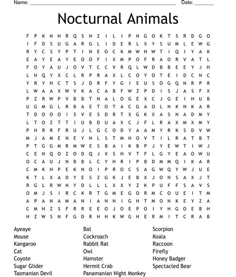 Nocturnal Animals Word Search Wordmint