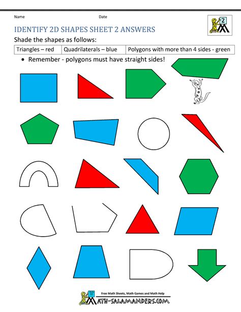 Identify 2d Shapes Sheet 2 Answers 2nd Grade Math Worksheets