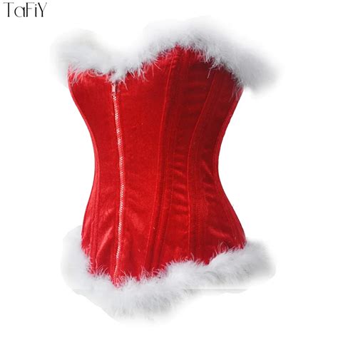 Tafiy Sexy Christmas Steel Corset Costume Women Miss Santa Bustier Top Feather Zipper Red