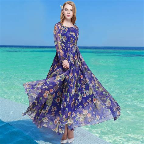 2018 Spring And Summer Vintage Long Sleeve Chiffon Beach Dress Holiday