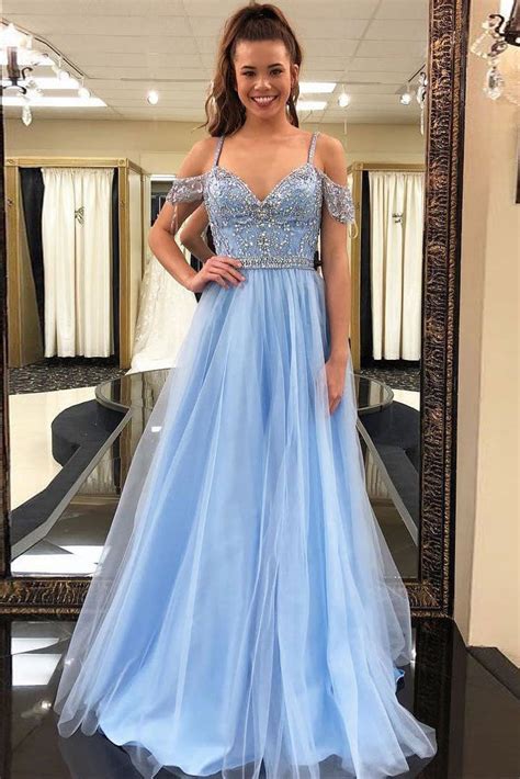 Gorgeous Beading Blue Tulle Long Puffy Prom Dressgraduation Dress