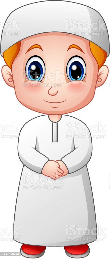Happy Muslim Boy Cartoon Isolated On White Background Stock