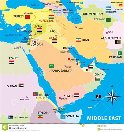 Middle East Map With Borders And Flags Stock Illustration