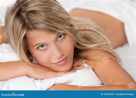 Portrait Of Blond Woman Lying In Bed Stock Photo Image Of Sensuality
