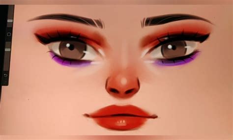 A Womans Face Is Shown With Red And Purple Eyeshadow While The Image
