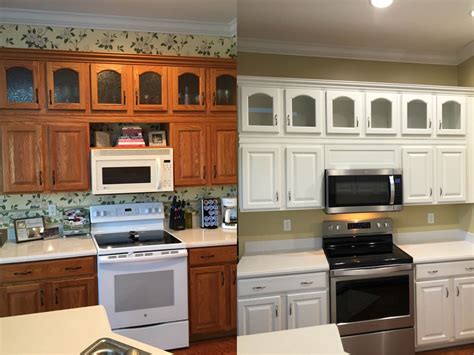 Refinishing could be a suitable and affordable option if you like your current cabinet doors. Updated Oak Cabinets | Refinishing cabinets, Painting ...
