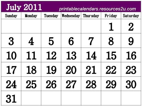 Printable July 2011 Calendar