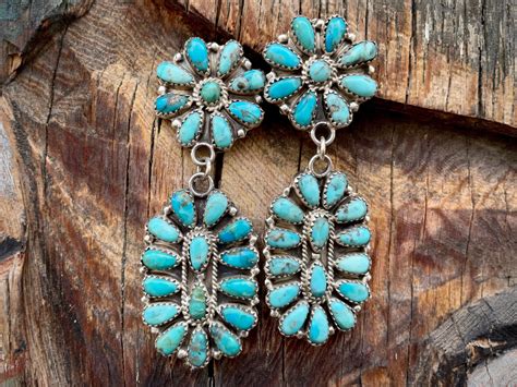 Large Petit Point Cluster Turquoise Earrings By Navajo Orville