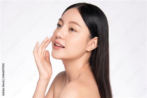 Side View Beautiful Young Asian Woman With Clean Fresh Skin On White