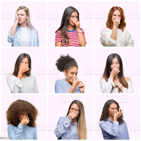 Collage Of Young Women Over Pink Isolated Background Smelling Something Stinky And Disgusting