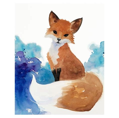 Cute Watercolor Fox Giclee Art Print Brown White And Blue Etsy Fox Art Print Watercolor Fox