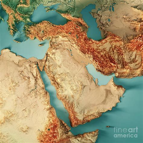Middle East 3d Render Topographic Map Color Digital Art By Frank